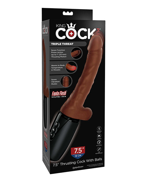 The Soft Hum King Cock Plus Thrusting, Warming &amp; Vibrating 7.5" Triple Threat Dong - Brown