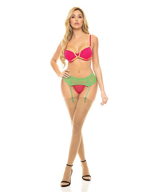 The Soft Hum Pink Lipstick Come to Me Bra, Garter Belt &amp; G-String Neon M/L