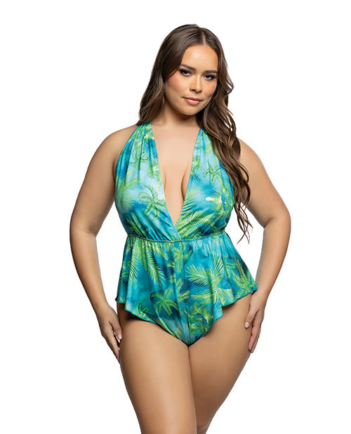 The Soft Hum Tropical Dream Romper w/Jungle Print, Flared Leg Opening, &amp; Cheeky Back - Green/Blue 1X/2X