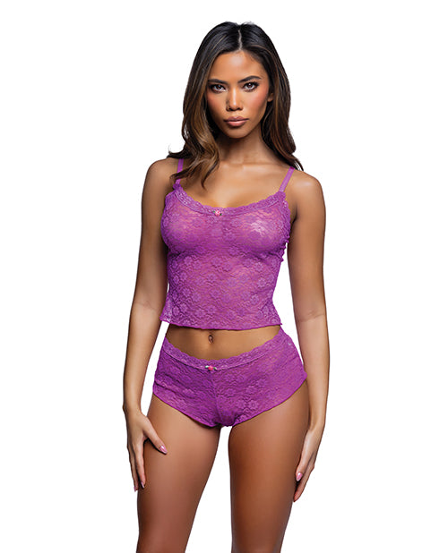 The Soft Hum Lacy Lounger Floral Lace Camisole w/Matching Shorts - Fuchsia L/XL