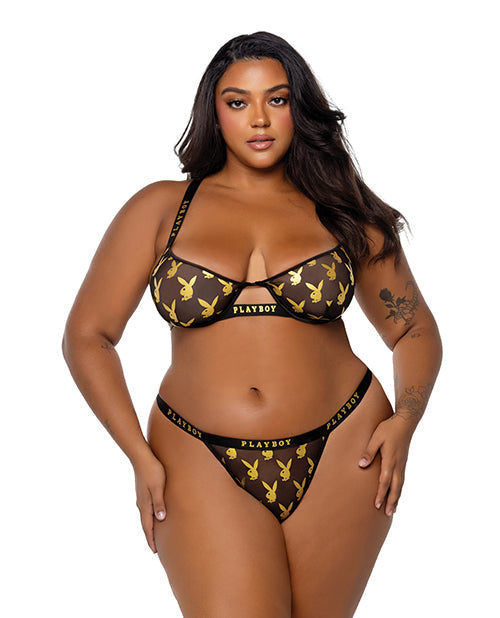 The Soft Hum Playboy Gold Foil Mesh &amp; Satin Bralette w/Thong 2 pc Set - Black/Gold 1X