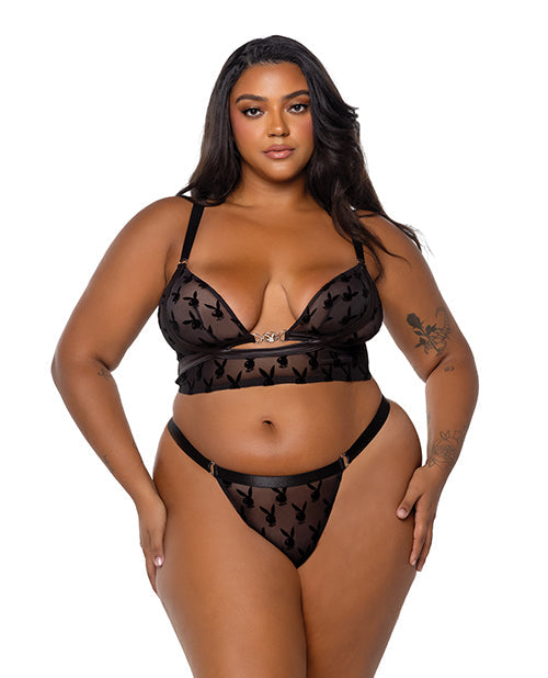 The Soft Hum Playboy Bunny Charm Mesh Bralette w/Thong 2 pc Set - Black 1X