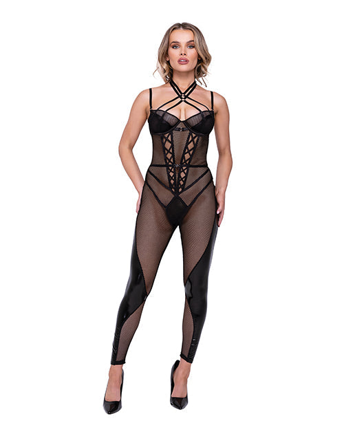 Flirty Fetish Fishnet &amp; Faux Leather Catsuit w/Satin Trim Black XL