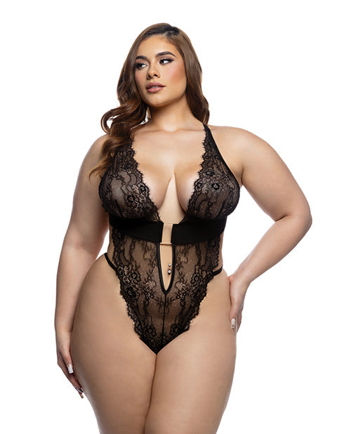 The Soft Hum Fever Dream Chantilly Eyelash Lace and Stretch Satin Teddy - Black 1X