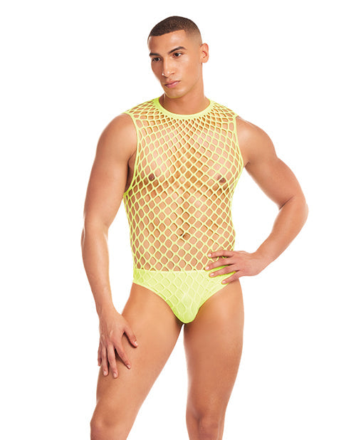 The Soft Hum Rainbow Party Full Effect Large Mesh Unitard 2 pc Set w/Thong - Yellow L/XL