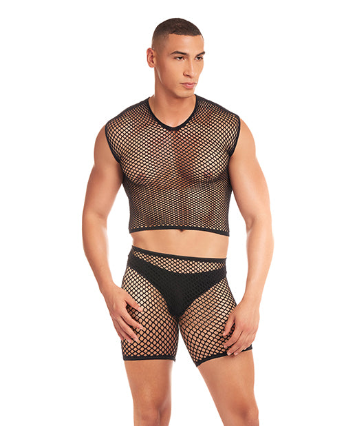 The Soft Hum Rainbow Party Net-Bula Large Mesh Long Brief 3 pc Set w/Thong - Black S/M