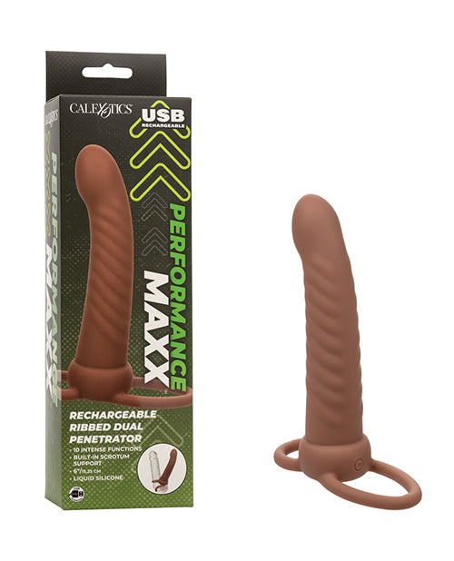 The Soft Hum Performance Maxx Rechargeable Ribbed Dual Penetrator - Brown