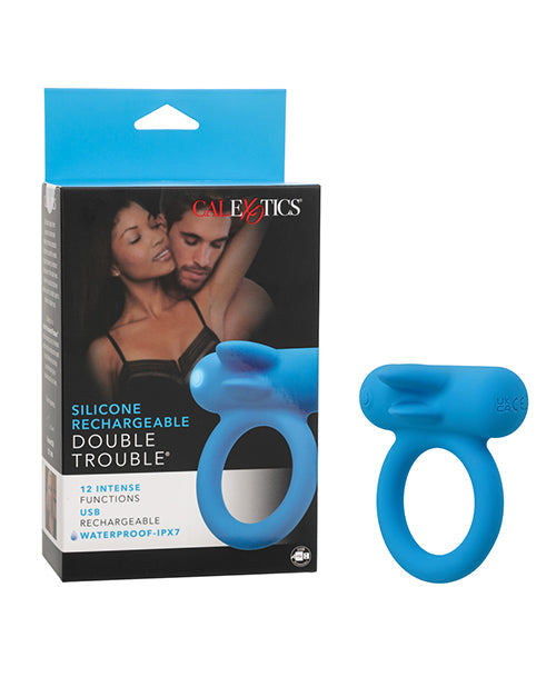 The Soft Hum Couple's Enhancer Silicone Rechargeable Double Trouble Enhancer w/Flickering Dual Teasers - Blue