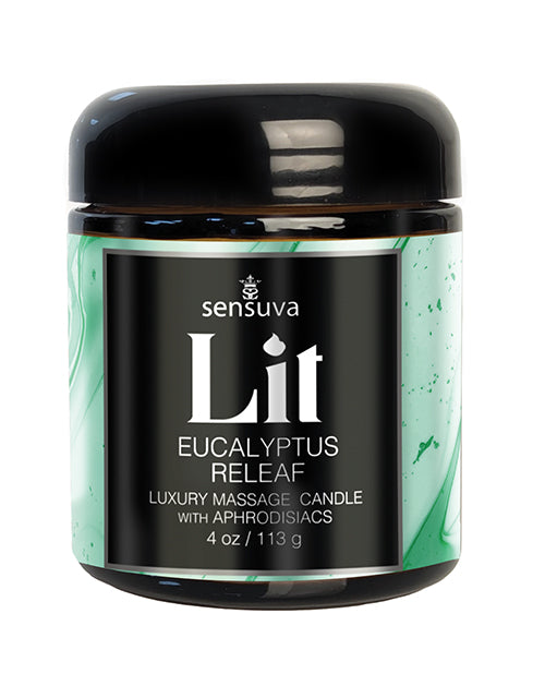 The Soft Hum Sensuva Lit Eucalyptus &amp; Tea Leaf Releaf Luxury Massage Candle - 4 oz