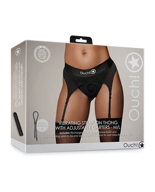The Soft Hum Shots Ouch Vibrating Strap On Thong w/Adjustable Garters - Black M/L
