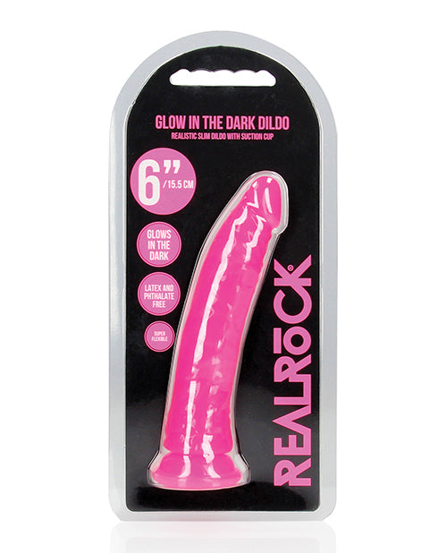 The Soft Hum Shots RealRock 6" Slim Dildo Glow in the Dark - Neon Pink