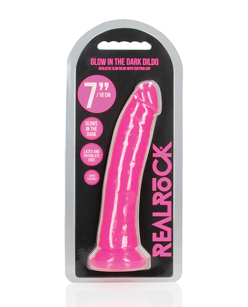 The Soft Hum Shots RealRock 7" Slim Dildo Glow in the Dark - Neon Pink