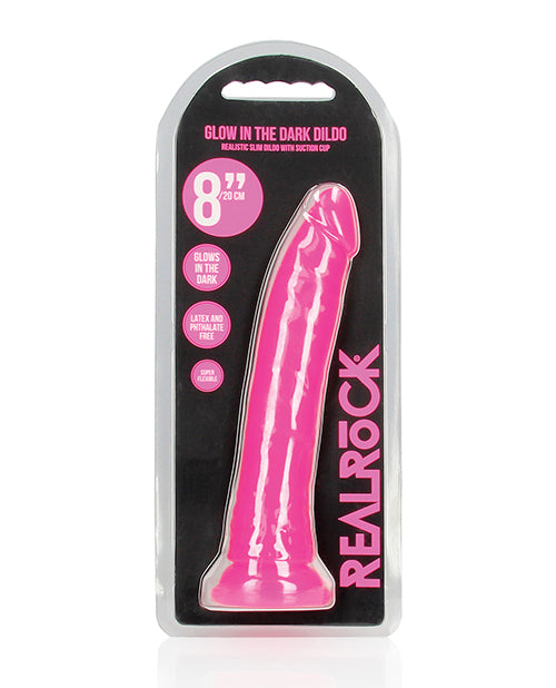 The Soft Hum Shots RealRock 8" Slim Dildo Glow in the Dark - Neon Pink