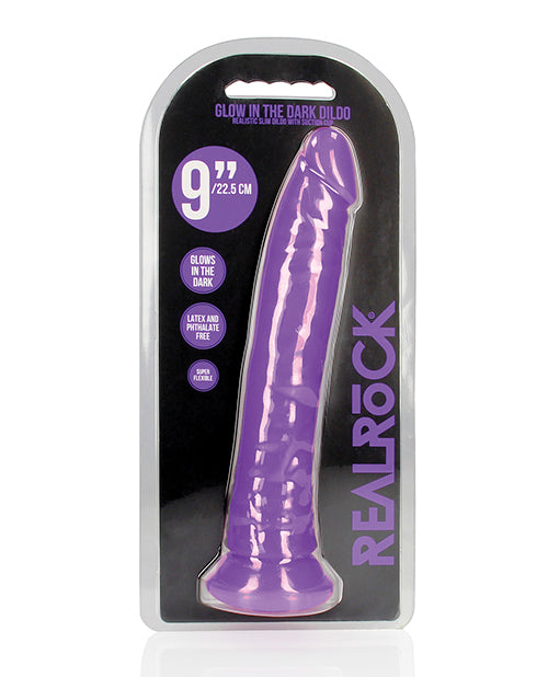 The Soft Hum Shots RealRock 9" Slim Dildo Glow in the Dark - Neon Purple