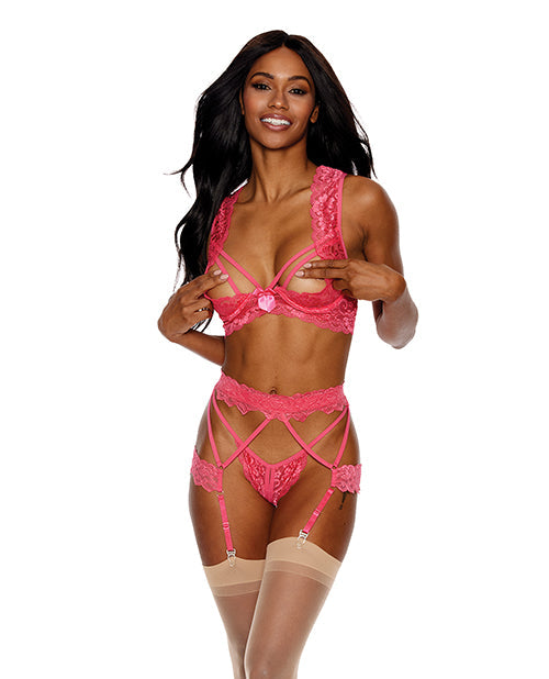 The Soft Hum Lace Underwire Peek a Boo Bra, Garterbelt &amp; G-String Coral XL