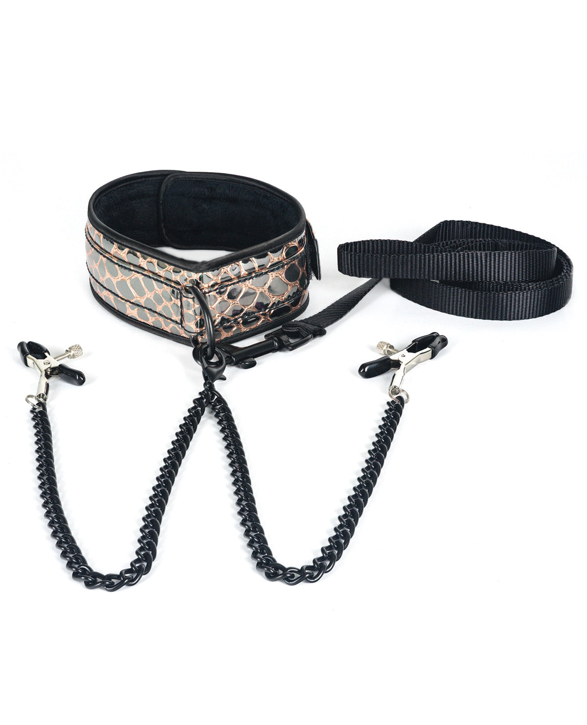 The Soft Hum Spartacus Faux Leather Collar &amp; Leash w/Black Nipple Clamps - Gold