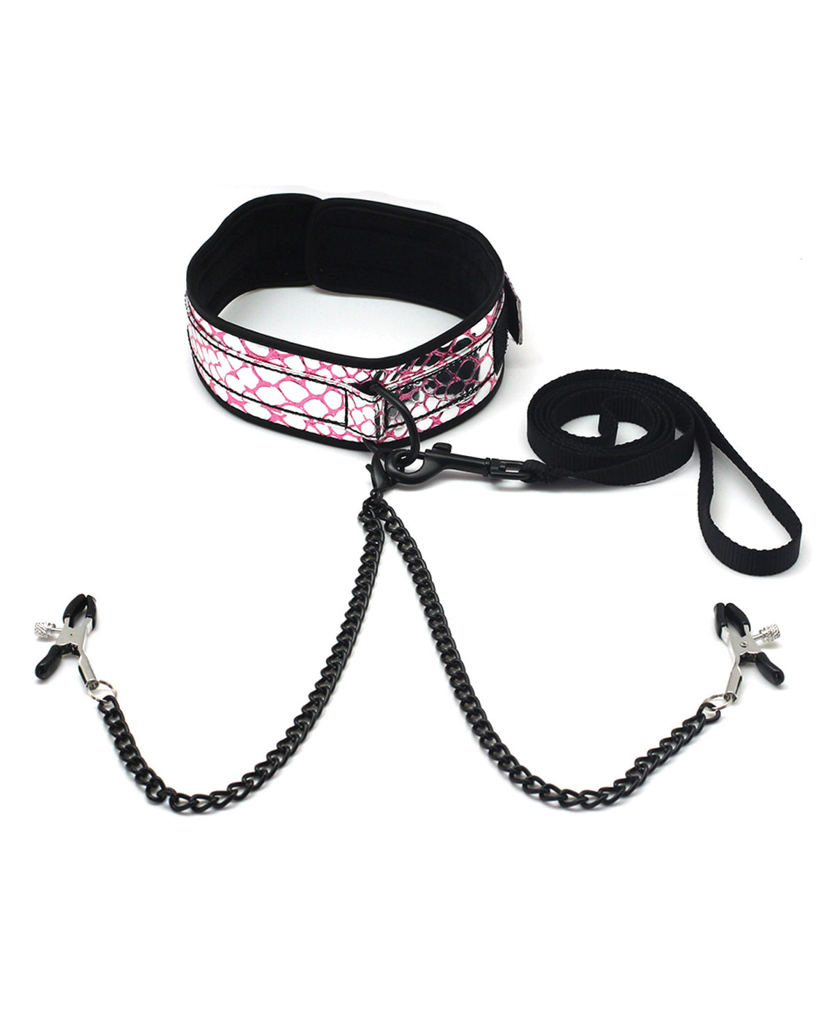 The Soft Hum Spartacus Faux Leather Collar &amp; Leash w/Black Nipple Clamps - Pink