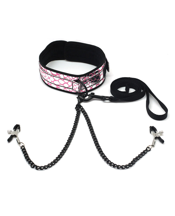 The Soft Hum Spartacus Faux Leather Collar &amp; Leash w/Black Nipple Clamps - Pink