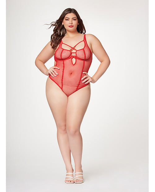 The Soft Hum Fishnet Strappy High Cut Leg Teddy Red 1X/2X