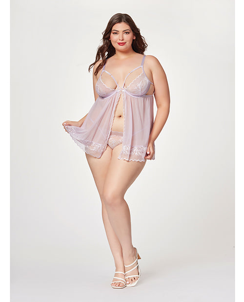 The Soft Hum Sheer Mesh &amp; Lace Demi Cup Babydoll &amp; Thong Lavender 3X/4X