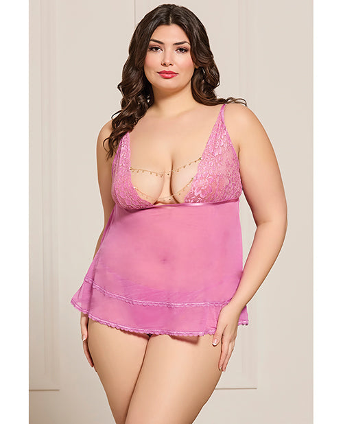 The Soft Hum Lace and Mesh Babydoll w/Thong &amp; Rhinestone Detail - Pink QN