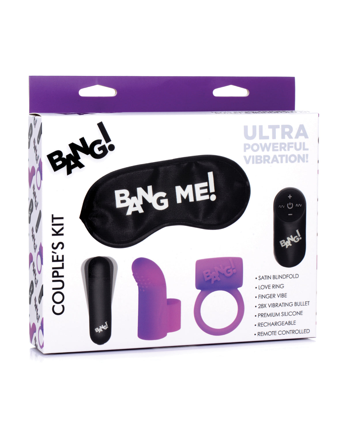 The Soft Hum Bang! Couple's Kit with RC Bullet, Blindfold, Cock Ring &amp; Finger Vibe - Purple