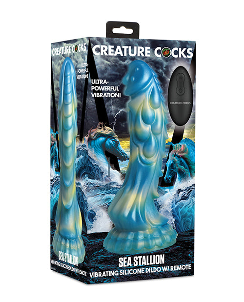 The Soft Hum Creature Cocks Sea Stallion Vibrating Dildo w/Remote - Blue/Yellow